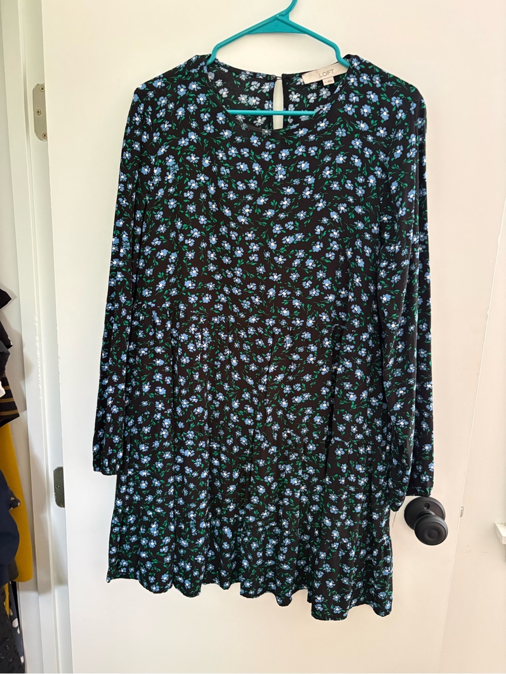 LOFT Black Floral Tiered Swing Dress